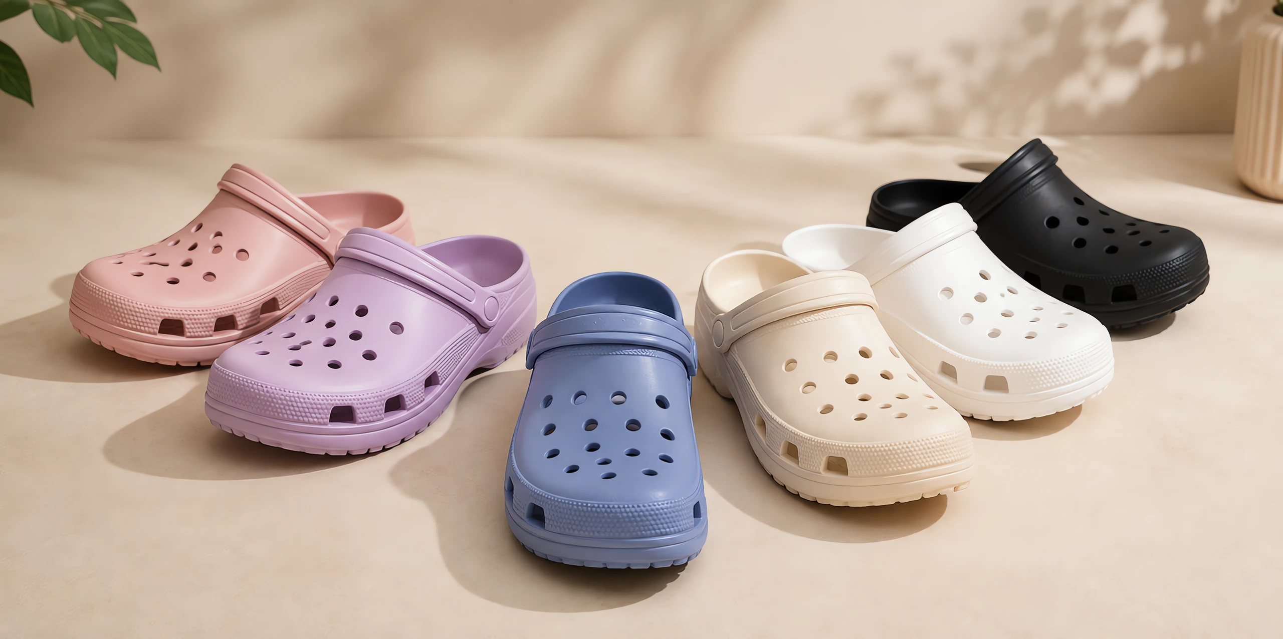 Seis babuches lado a lado, em rosa, lilás, azul, creme, branco e preto